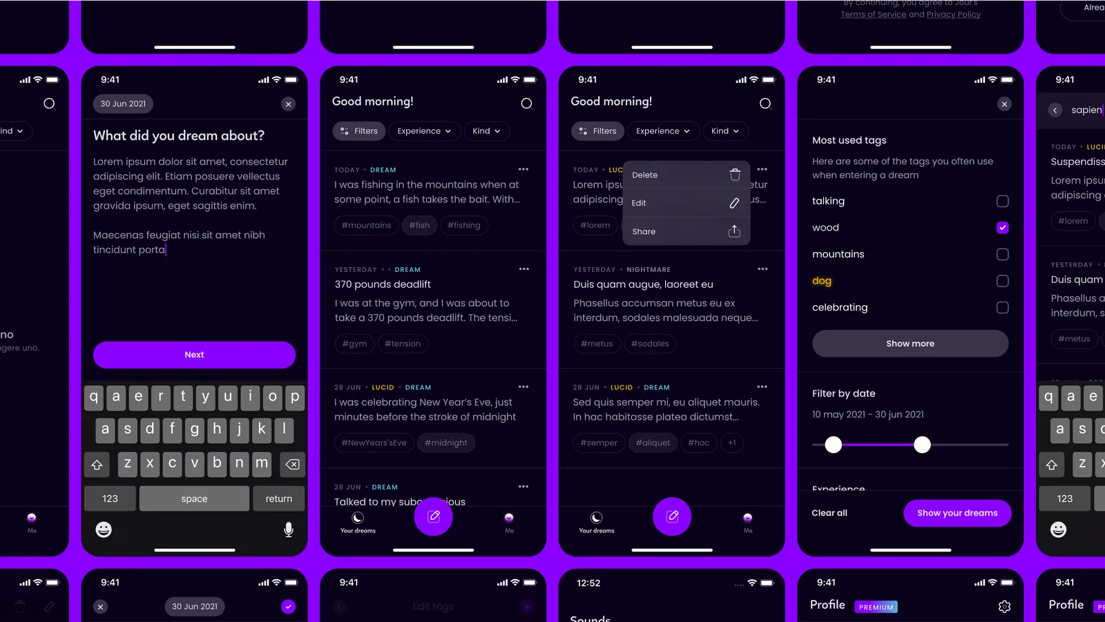 Dreamind dream journal and mental health mobile app interface