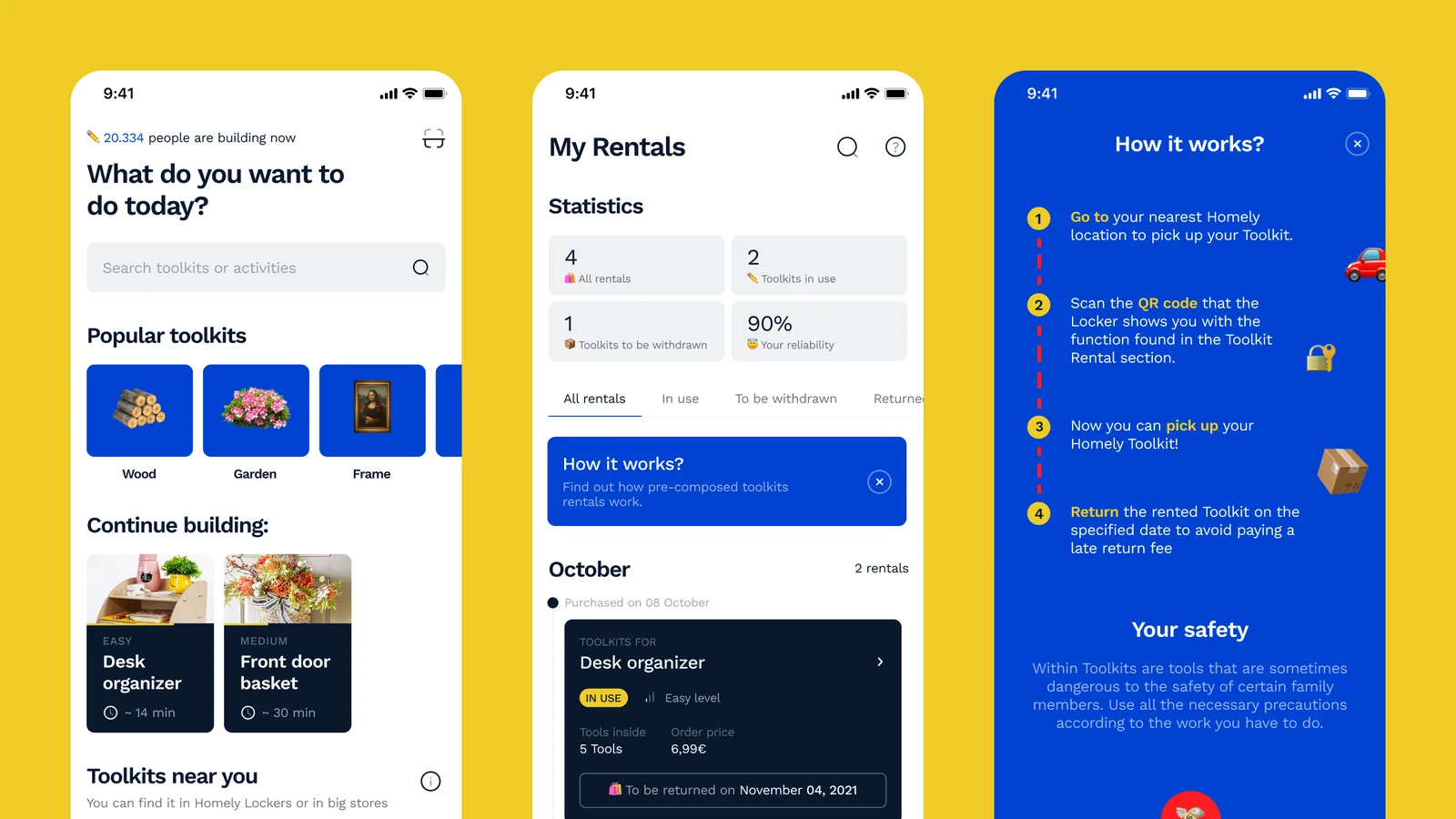 Homely DIY tool rental mobile app interface